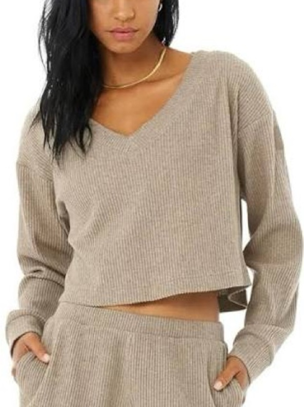 Alo Yoga Muse Ribbed V Neck Long Sleeve Pullover Sweater Taupe Size Large